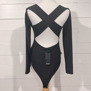 Nasty Gal black long sleeve bodysuit size 10 criss cross back detail